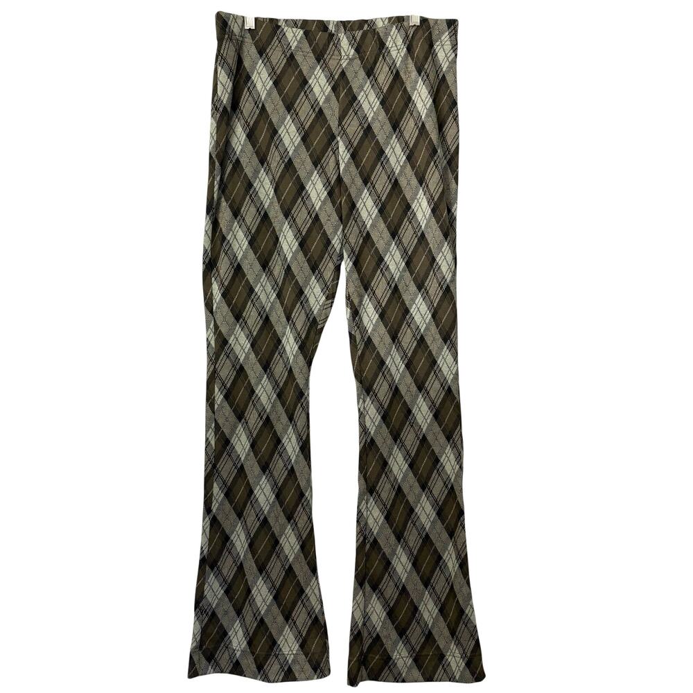 Free People Chloe Plaid Flare Leg Knit Pants Olive Women’s Size Large Academia